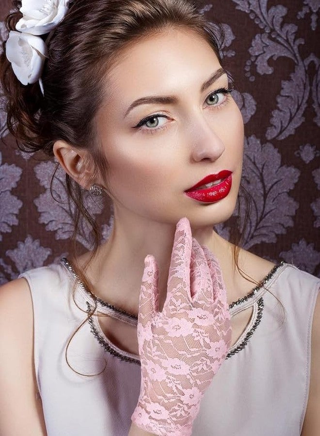 KETKAR Ladies Floral Lace Gloves Vintage Opera, Women Short Elegant Lace Gloves for Women Ladies and Girls Evening Wedding_Pink - Image 4